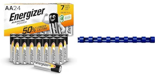 Energizer AA Batteries, Alkaline Power, 24 Pack, Double A Battery Pack - Amazon Exclusive & Fellowes A4 10 mm Plastic Binding Combs for Comb Binding Machine, Binds 41 to 55 Pages, Pack of 100, blue