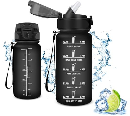 Vikaster Gourde Sport, Gourde avec Paille 500ml, sans BPA, Étanche & Réutilisable, Water Bottle Ouvrir en Un Clic, Convient pour la Gym, Le Yoga, Le Camping, Randonnée, A-Mat Noir
