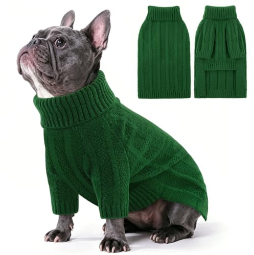 Queenmore Hundepullover Mittelgroße Hunde, Rollkragen mit Beinen, Strickpullover für Französische Bulldogge, Bulldog, Windhund & Corgi (Grün, L)