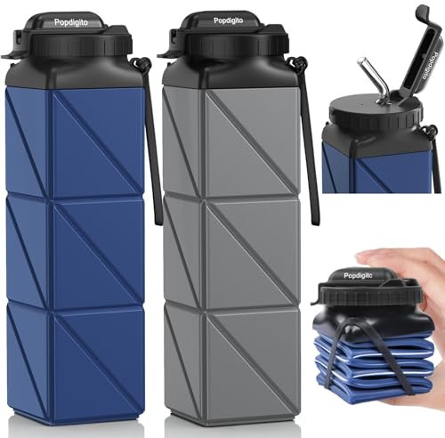 Popdigito Faltbare Wasserflaschen, lebensmittelechtes BPA-freies Silikon, faltbare Wasserflasche, 610 ml, auslaufsicherer Deckel, wiederverwendbar (Upgrade Dark Grey+Dark Blue)