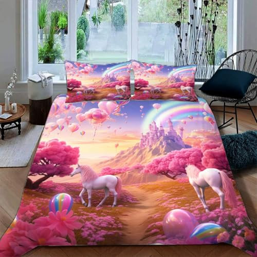 Ruiqieor Bettwäsche 155x220cm,Rosa Schloss Pferd Motiv Bettwäsche-Set, Tier Bettbezug 3teilig Mit Kopfkissenbezug Für Jungen Mädchen Schlafzimmer Atmungsaktiv Mikrofaser Baumwolle Deckenbezug(#10)