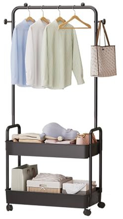 Kompakte Garderobe mit 2 Ebenen und Haken, freistehender Kleiderständer für Einzelhandelsgeschäfte, Gästezimmer, Dachgeschoss (Farbe: Weiß)