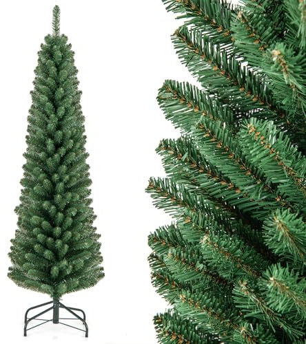 GYMAX 5FT 6FT 7FT 8FT Green Pencil Slim Christmas Tree, Artificial Traditional Xmas Tree, Indoor Outdoor Christmas Decoration (5 ft with 295 Tips)