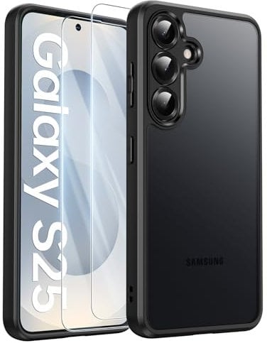 FLLAO Matt Handyhülle für Samsung Galaxy S25 Hülle und 2 Schutzfolie, mit Kameraschutz [Militärnorm Schutz] urchscheinende PC Rückseite TPU Bumper Hülle für Samsung Galaxy S25 5G- Schwarz