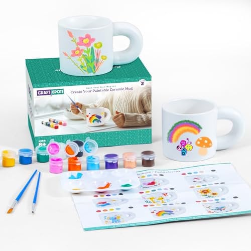Craft Spot! Keramik Bemalen Set, DIY Tassen Bemalen Set Enthält Tassen, Pinsel, Farben, Kreativ Basteln Set für Erwachsene & Kinder, Kaffeetasse zum Bemalen von Keramik