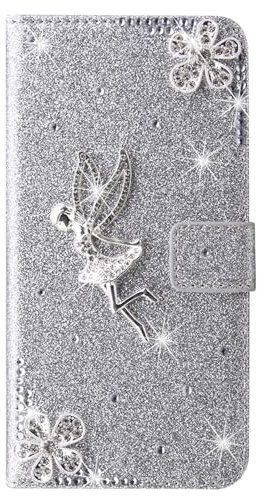 SLLMYYX Funda tipo cartera compatible con iPhone 11 Pro Max, piel sintética con purpurina y diamantes de ángel de cristal brillante para iPhone 11 Pro Max (plateado)