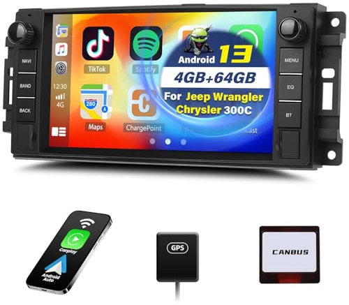 4G+64G CAMECHO Android 13 Autoradio Navi für Jeep Wrangler Compass Grand Cherokee/Chrysler 300C/Dodge Ram/Chevrolet, 7 Zoll Auto Bildschirm Carplay Stereo mit Android Auto GPS WiFi Bluetooth FM/RDS