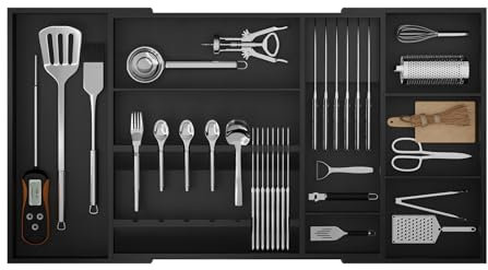 Landmok Großer Besteckkasten für Schubladen aus Bambus - Verstellbar Breite 45-75cm mit Abnehmbaren Trennwänden & Messerblock - Stapelbar, Küchenschubladeneinsatz Schubladen Organizer, Schwarz