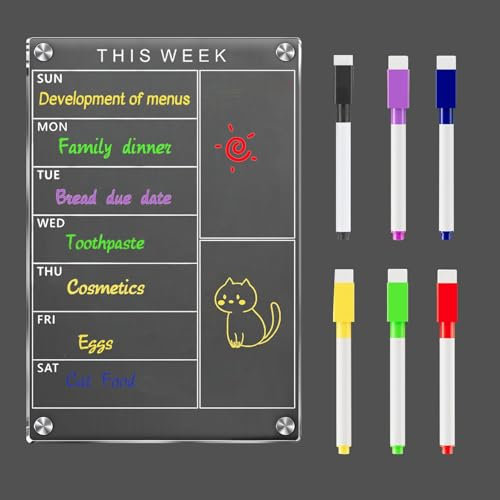 SEPSCO Magnetic Acrylic Fridge Planner, 20 x 30cm Clear Meal Planning & Memo Dry Erase Board Strong, Durable, Erasable Board with 6 Markers for Refrigerator, Home Office School (Weekly Calendar)