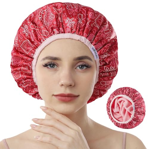 Years calm Terry Lined Shower Cap, Triple Layer Heart Motifs,Waterproof Reusable Elastic,Hair Shower Cap for Women,Terry Cloth Shower Caps for Spa,Clean,Trave (Red, One Size)