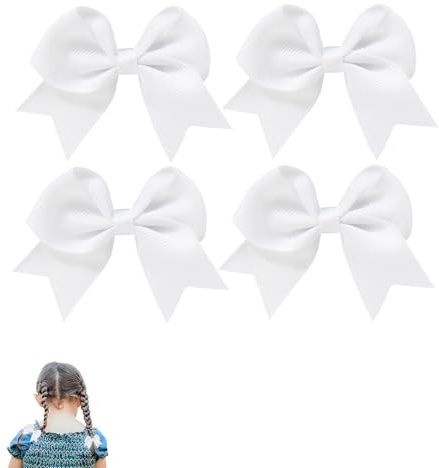 4 Pack White Hair Bows - Tailed Ribbon Satin Bowknot Hair Accessories for Women Teens, Bridal Party, Elegant White Bows for Everyday Hairstyles