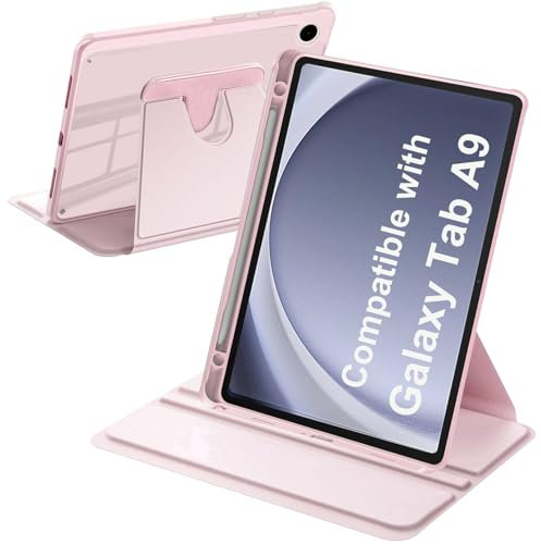 A-BEAUTY Funda Giratoria Compatible con Samsung Galaxy Tab A9 8.7 Pulgadas 2023 (SM-X110/X115/X117) con Soporte para S Pen, Rotación de 360° Protectora Respaldo Clara, Rosa