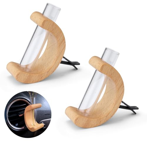 Huakaile 2 Stück C-förmige Mini-Auto-Lüftungs-Blumenvase, Glasröhre, Holzpflanze, Auto-Entlüftungs-Clip, Dekor, Innenzubehör, Auto-Vasen-Ornament (Beige)