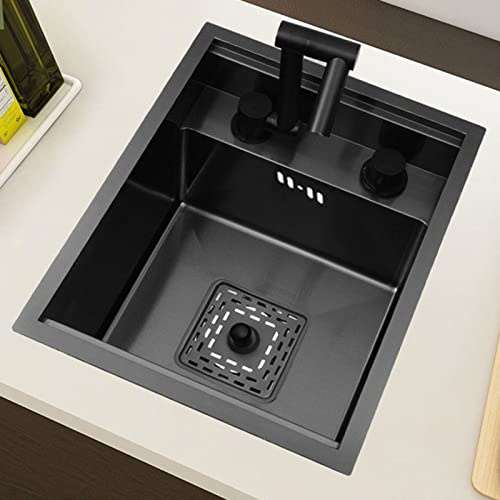 CAFIEDR Fregadero de Cocina de Acero Inoxidable, Fregadero Oculto con Grifo Plegable, Isla de Cocina Occidental, minifregadero Individual(Negro 32 * 39 * 22cm)