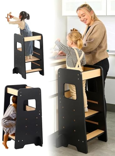 Xubby Lullza Lernturm höhenverstellbar aus Holz – Montessori Lernturm ab 1 Jahr, Tritthocker Kinder für Küche/Arbeitsplatte & Waschbecken, mitwachsend – Schwarz