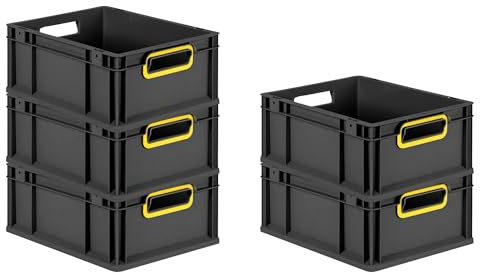 PROREGAL SparSet 5x Eurobox NextGen Color | HxBxT 17x30x40cm | 16 Liter | Griffe gelb offen | Schwarz | Eurobehälter, Transportbox, Transportbehälter, Stapelbehälter