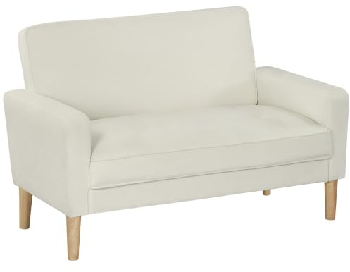 HOMCOM Sofa Loungesessel 130 cm Gepolstert Sessel mit Samtoptik Cremeweiß | Kleine Couch, Armlehne, Modernes Getuftetes Polstersessel, für Kleinen Raum, Schlafzimmer, Wohnzimmer