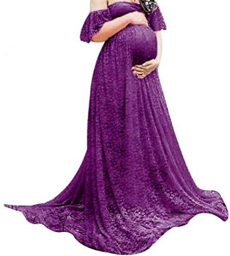 BEAHING Robe de Photographie de maternité en Dentelle, Robe Grossesse Fantaisie, épaules dénudées, Motif Floral, pour Femme Enceinte, Violet L, Robes Longues maternité en Dentelle