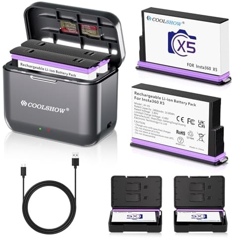 COOLSHOW 360 X5 Akku 2800mAh (2 Stück) mit Schutzhüllen & Schnellem Dual X5 Ladegerät und Aufbewahrungsbox Design für Akkus&SD Karten Kompatibel mit Insta360 X5 Kamera(2 Akkus + 1 Ladegerät)