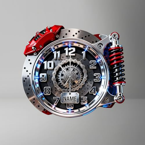 Personalisierte Rennlenkrad-Stoßdämpfer-Themen-Uhr für Wohnzimmer, Schlafzimmer, Büro-Dekoration, individueller 2D-Druck, Automobil-Motor-Wanduhr für Garage, Männerhöhle, Jungenzimmer, Mechaniker