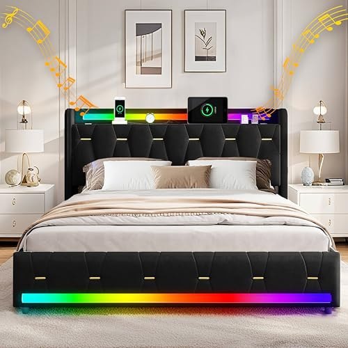 XMFFPM Samt-Bettgestell 160x200 cm mit USB & Type-C Anschlüssen, Schwarz\ | LED-Beleuchtung, Polsterbett, Bluetooth-Lautsprecher, 4 Schubladen, Ladestation, Holzlattenrost, ohne Matratze