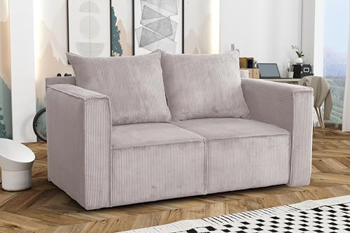 AX Living Hatay Schlafsofa 2 Sitzer Cord Hellgrau Sofa mit Bettkasten | Schlafsofa 2 Sitzer mit DL-Automat. Stauraum: Mit integriertem Bettkasten. Schlaffläche: 85 × 200 cm. T25-Schaumstoff.