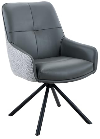 Hela Tische, 1er Pack Drehstuhl Armlehnenstuhl Faro, Oeko-TEX, 360° drehbar, Webstoff grau, Gestell Schwarz, Bezug Innen Echtleder, 120kg belastbar