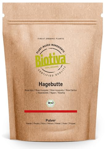 Biotiva Poudre de cynorhodon bio 1000g - Rosa Canina - Mouture de cynorhodons entiers - Grand format au prix avantageux - Conditionné et contrôlé en Allemagne (DE-ÖKO-005)