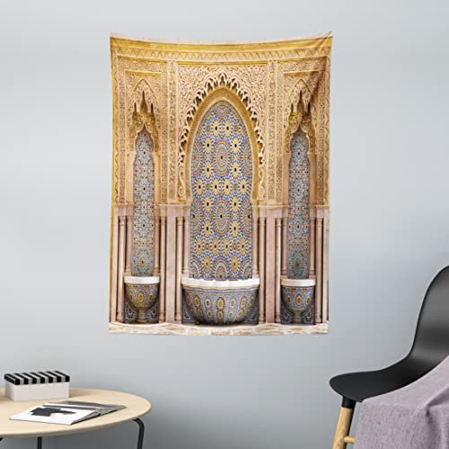 ABAKUHAUS Moroccan Tapestry, Typical Moroccan Tiled Fountain in the City of Rabat Near Hassan Tower, Fabric Wall Hanging Decor for Bedroom Living Room Dorm, 43 W X 58 L, Apricot Pale Brown