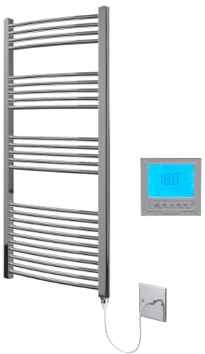 Greened House Chrome Electric Heated Towel Rail 500mm W x 1400mm H + Timer | Curved Design, Includes 7 Day Timer/Thermostat, Bathroom, Towel Warmer