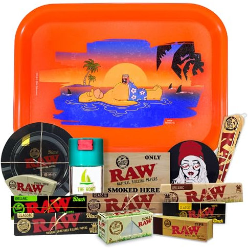 Regalo para fumadores Bandeja para liar oficial 25 x 19 + Cenicero RAW, Bote Antiolor THE BOAT, Papel Raw Organic, Black y Clasic King Size