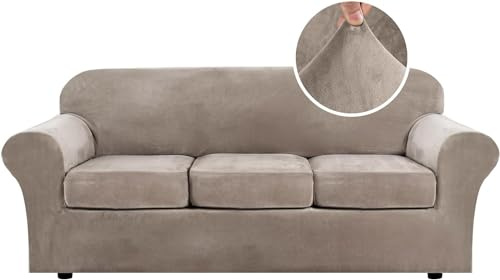 LINGKY Samt Schonbezug Mit 2 Separaten Kissenbezügen, Stretch Ultra Soft Plush Schonbezug Ersatz Rutschfester Möbelschutz Mit Elastischem Boden (Taupe,3 Sitzer (173-229 cm)