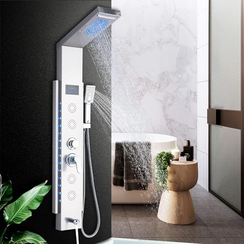jullybathevy AWorddy Pannello Doccia Idromassaggio per Vasca con 5 In 1 Funzioni LED Colonna Doccia Set in 304 Acciaio Inox Con Display LCD, Miscelatore Vasca Da Bagno, Soffione Doccia A Cascata Argento
