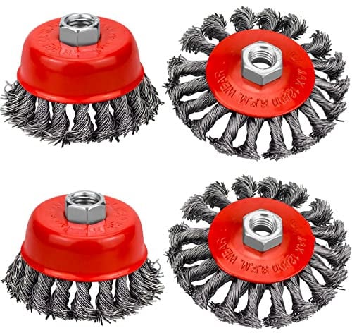 LUOCAI 4 Pcs Twist Knot Wire Brush Set Angle Grinder Wheel Brush Fit for 115mm Angle Grinder Crimped Wire Wheel for Paint, Rust Removal, Weld Cleaning, Rough Surface Treatment