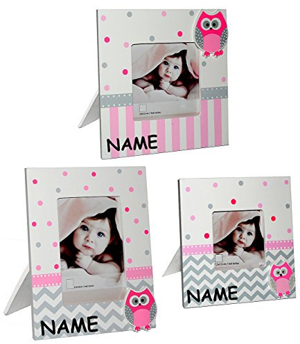 alles-meine.de GmbH 3 TLG. Set: Bilderrahmen/Fotorahmen aus Holz incl. Name - Eule & Punkte - Tischausteller - HOCH - Deko für Kinder + Erwachsene - Kinderzimmer Eule Kind Tisc..