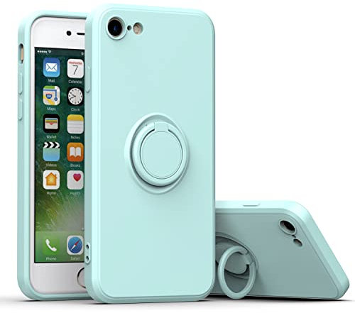 for iPhone SE 2022 Case, iPhone SE 2020 / 8 / 7 Case with Built-in Ring Holder, [Anti-Scratch] Soft Silicone Phone Case Hidden Kickstand Slim TPU Bumper Shockproof Protective Back Case, Light Green