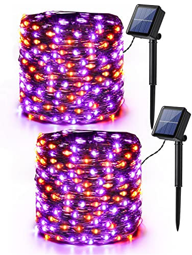 Halloween Deko Solar Lichterkette Lila Orange, BrizLabs 2 Stück 14M 120 LED Solar Kupfer Lichterketten Outdoor 8 Modi Wasserdicht Herbst Lichter für Erntedankfest Weihnachten Hause Außen Balkon DIY