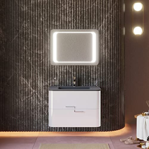 Kiamami Valentina Mobile bagno sospeso 80 cm bianco, lavabo nero opaco, specchio LED | Hollywood