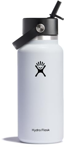 Hydro Flask Water Bottle - Insulated Stainless Steel - Wide Mouth Flex Straw Lid, Non Spill, Leakproof and Refillable in 32 Oz White