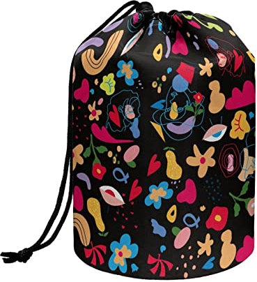 COEQINE Make-up-Taschen mit Kordelzug, große Kapazität, Kosmetiktasche für Damen, Kulturbeutel, Schwarze Kunstblume