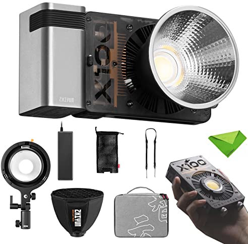 Zhiyun Molus X100 Pro 100W LED Video Light CCT 2700K~6500K CRI?95 TLCI?97 ZY Mount App Control Music Mode Continuous Lighting w/Bowens Mount Adapter + ZY Mount Softbox + 15600mAh Grip Battery