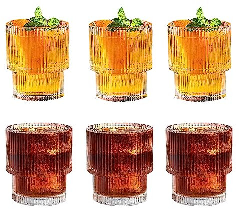 MUJUZE Ribbed Glasses Set, 6-Piece 200 ml Glass Coffee Mugs Origami Style Glass Cups, Ripple Vintage Glassware, Glasses Set Ideal for Cocktails and Whiskey, Beer,Water