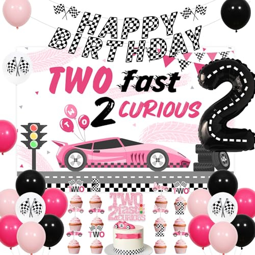 Zwei schnelle Geburtstag Dekorationen für Mädchen, zwei schnelle zwei neugierig Backdrop Kuchen Toppeer Racing Car Banner rosa karierten Rad Ballons, Rennwagen 2.