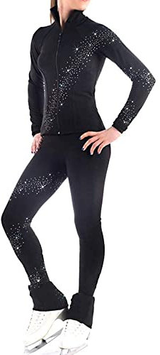 ZMIN Eiskunstlauf-Jacke Mit Hose Damen-Eislauf-Jacke Professionelle Wettkampf-Eislauf-Langarm-Langhose,Schwarz,S