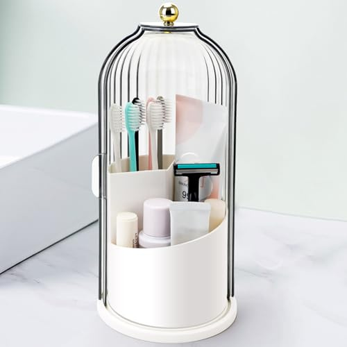 QIYVLOS Toothbrush Holders with Sliding Lid, Rotating 3 Slots Bathroom Organizer Countertop, Tooth Brush Toothpaste Holder Bathroom Counter Stand Sink Organizer Caddy for Vanity Makeup Brushes Holder