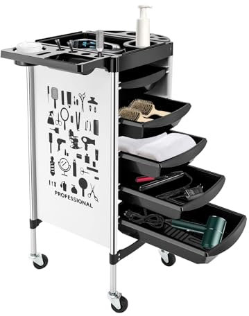 Rollwagen Friseurwagen Bedienungswagen mit 5 Schubladen und Rollen,Salon Arbeitswagen Rollwagen Trolley Stylist Friseur (Weiß)