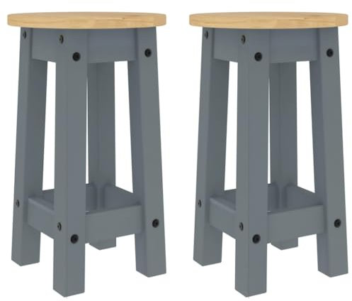 vidaXL Barhocker 2 STK., Barstuhl mit Rund Holzsitz, Tresenhocker für Küche Esszimmer Wohnzimmer, Küchenhocker Holzstuhl, Grau Massivholz Kiefer