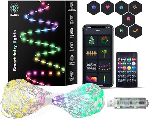 Smarte Lichterkette, 10 m, USB, DIY Twinkle Lichter mit Fernbedienung und App-gesteuert, Musik-Synchronisation, 12 Modi, mehrfarbig und warmweiß, für Schlafzimmer, Weihnachten, Partys, Hochzeiten,