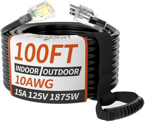 10/3 Gauge 30M Outdoor Waterproof Extension Cable with Illuminated Indicator SJTW Heavy Duty 15A 1875W 3 Pin Flexible Copper Black with