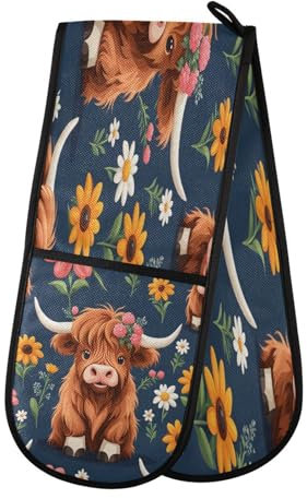 Cute Scottish Highland Cow Long Double Oven Mitts, Heat Resistant Quilted Kitchen Oven Gloves Extra Long Potholder 7 x 35 for Cooking Baking Microwave Grilling Barbecue
